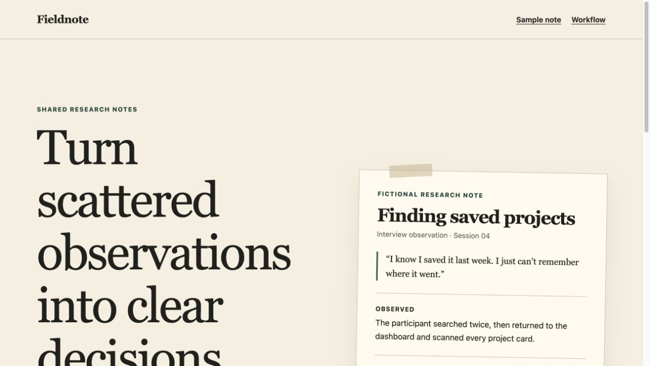 Actual desktop screenshot of the generated fictional Fieldnote page, with a cream background, research note and workflow link