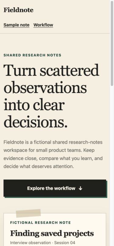 Actual 390-pixel mobile screenshot of the generated fictional Fieldnote page